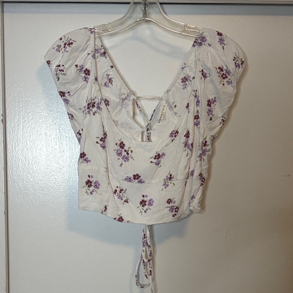 Aeropostale White Crop Top with Purple Floral Design